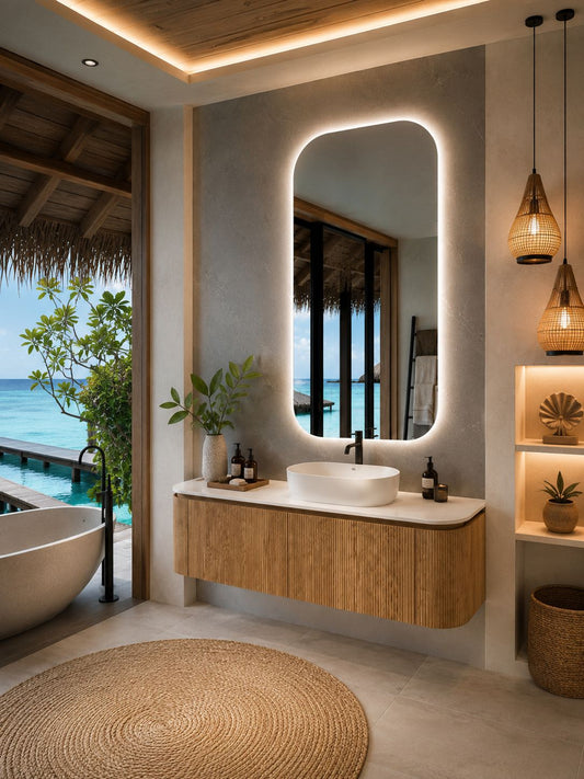 SANTORINI 59-inch natural oak bathroom vanity with sink, porcelain countertop and Zenith LED mirror, on display at the NOVA-ELEMENTS Tampa showroom