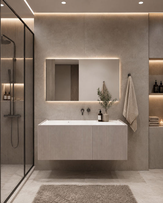 HAVANA 48-inch bathroom vanity with a seamless integrated Corian sink and matching LED mirror