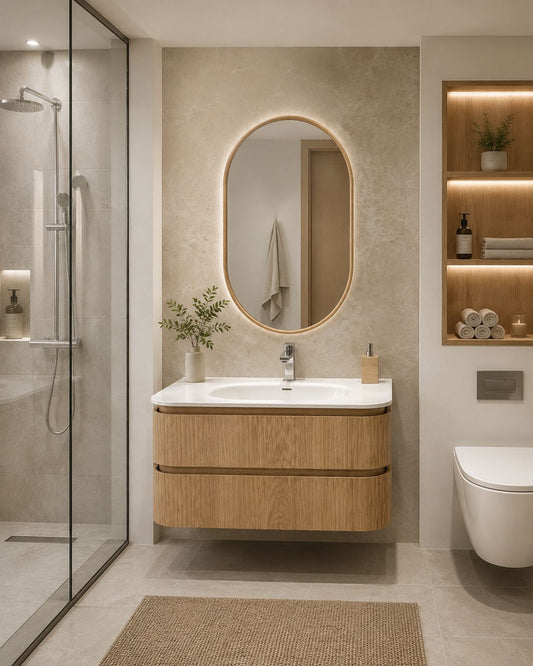 TULUM 35-inch floating bathroom vanity with sink in fluted natural oak, showing the shadow-gap base and open floor underneath