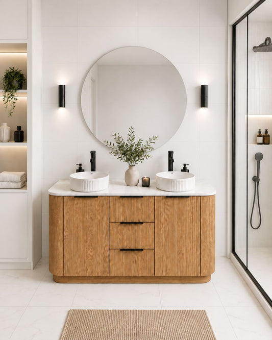 MALIBU natural oak double vanity with quartz countertop and twin fluted basins