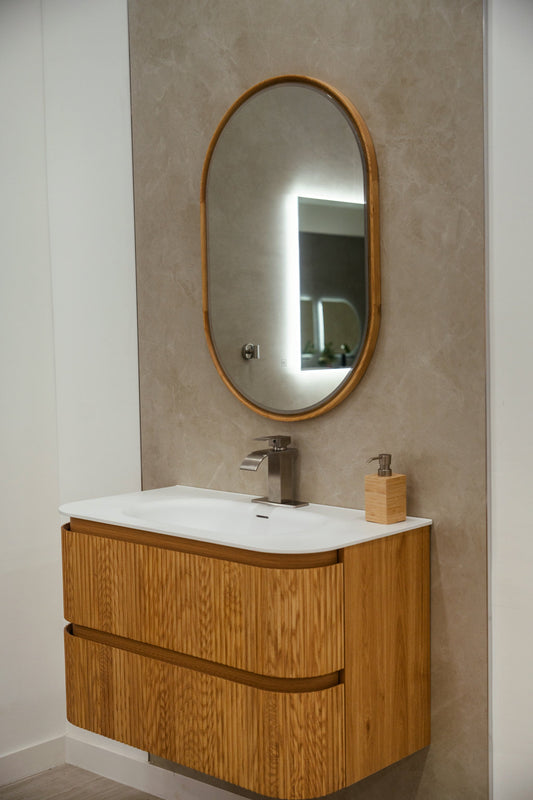 TULUM 35-inch natural oak floating bathroom vanity with matte white sink and LED mirror