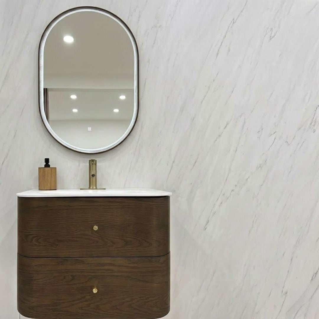 ASPEN walnut vanity with Titan LED wood-frame mirror with warm light