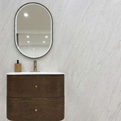 ASPEN walnut vanity with Titan LED wood-frame mirror with warm light
