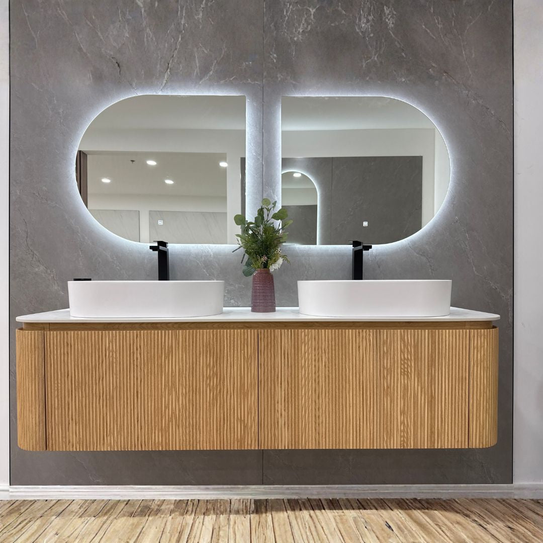 CAPRI double vanity with Gemini LED mirror and porcelain countertop