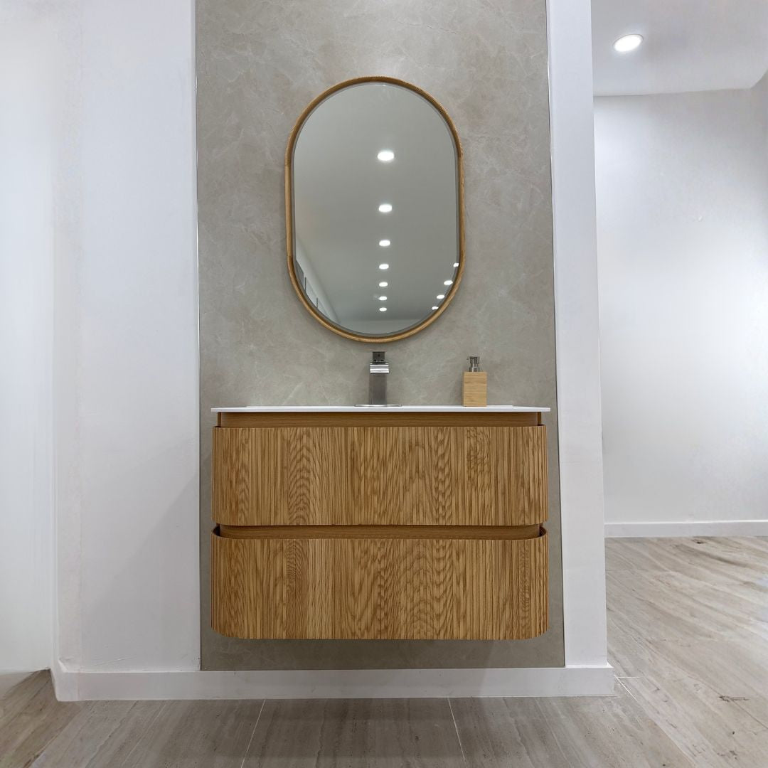 TULUM fluted oak vanity with Eclipse LED mirror