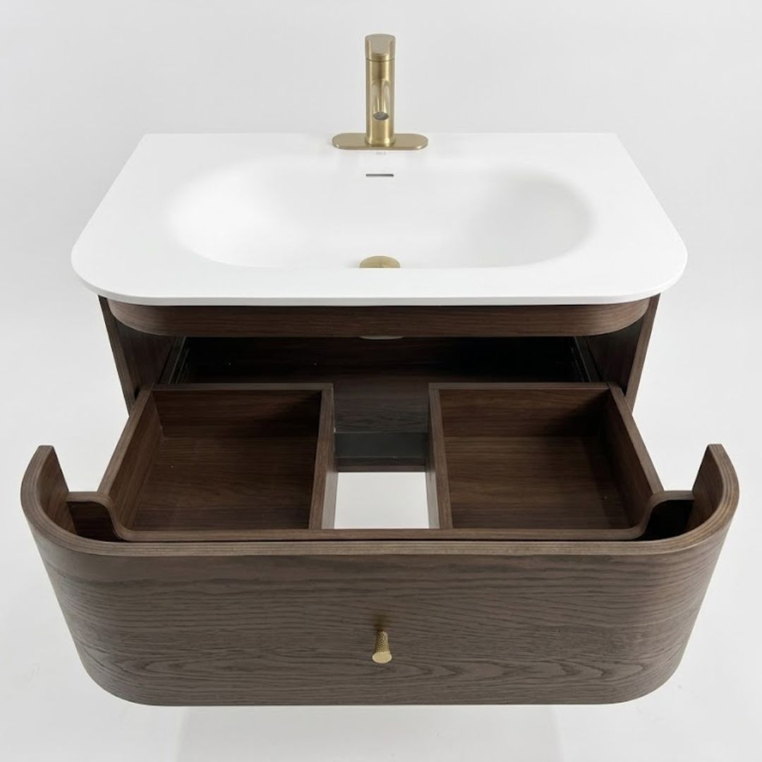 ASPEN curved bathroom vanity with double drawers and matte white sink