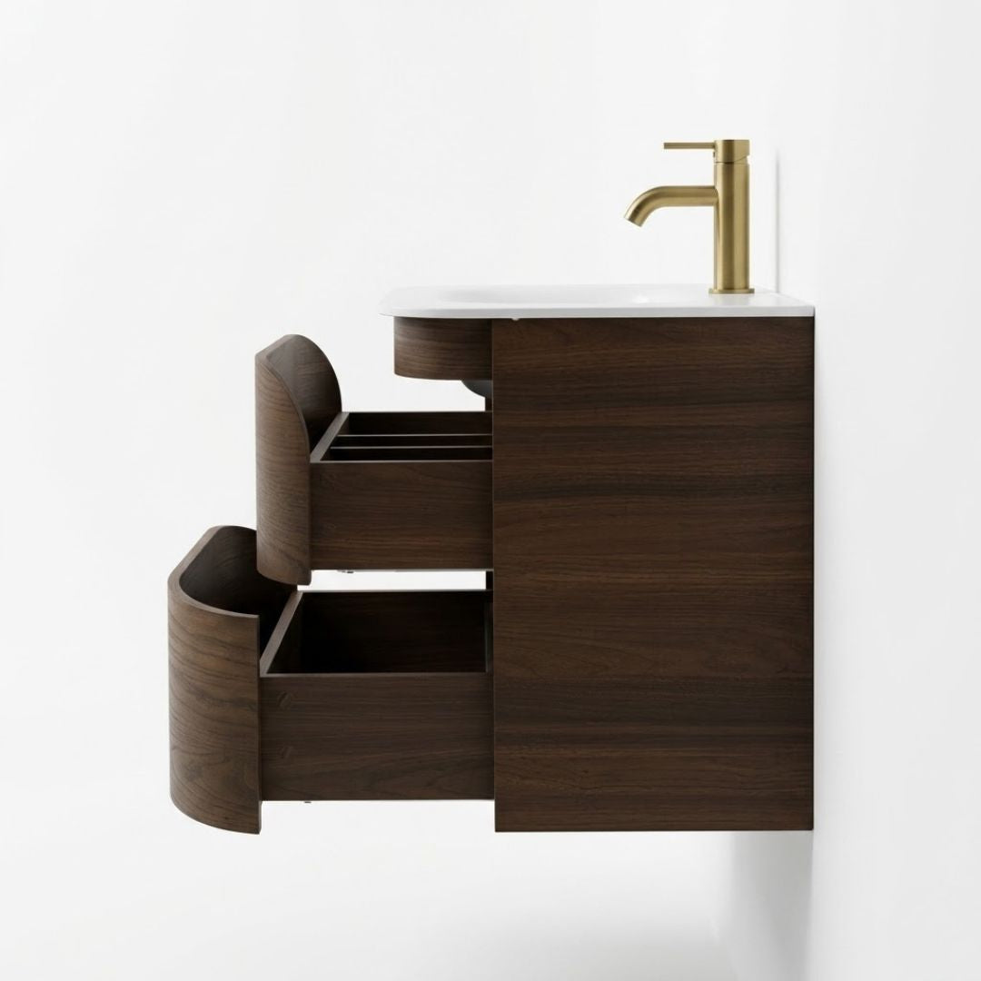 ASPEN dark walnut veneer and copper handle detail