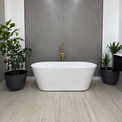 FLAT RIM freestanding soaking tub with white finished waste and drain