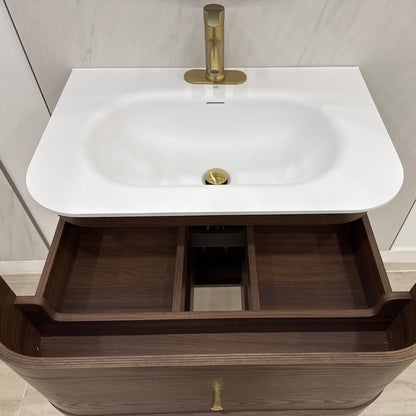 ASPEN warm modern bathroom vanity with wood-framed LED mirror