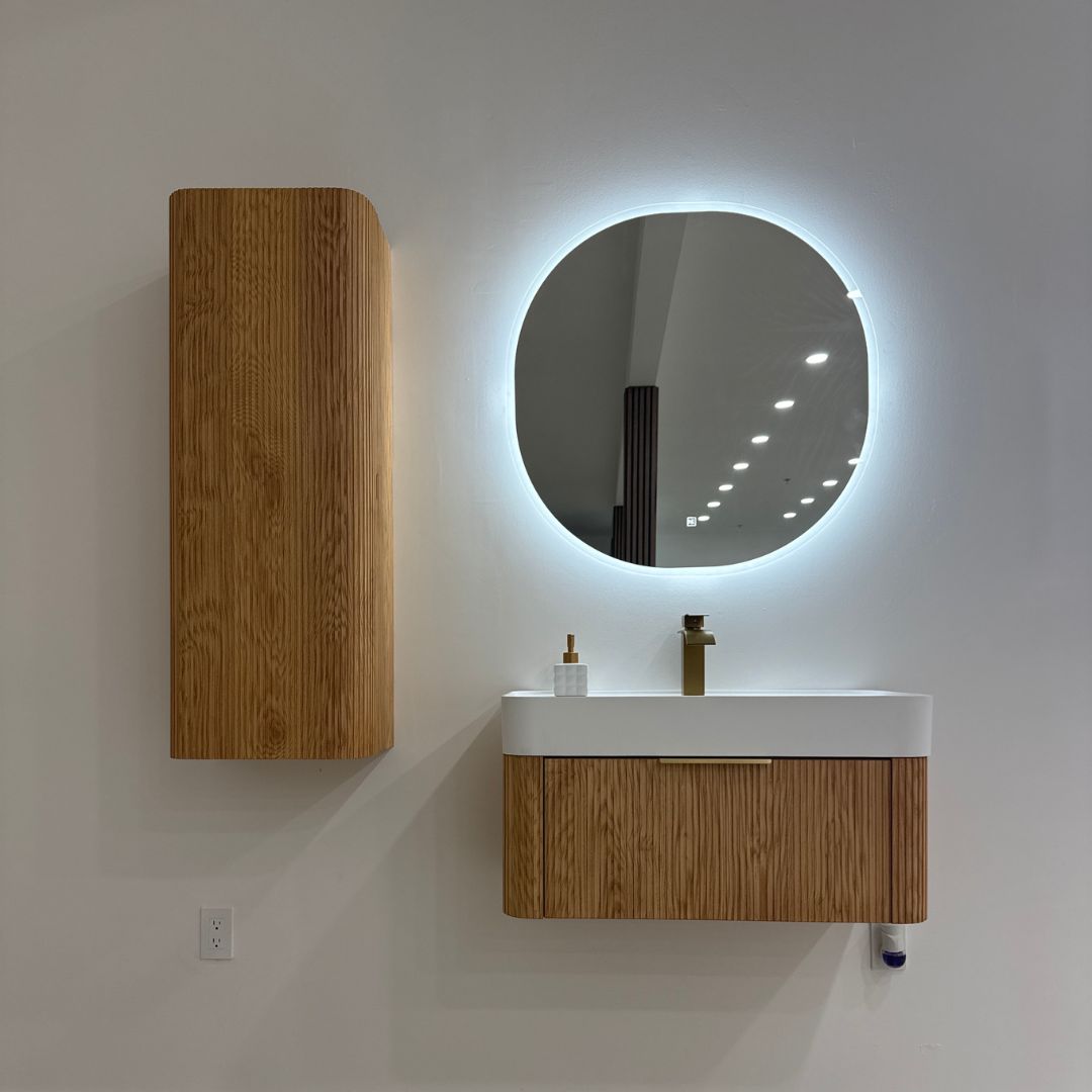 BALI bathroom vanity wavy wood pattern and oak finish detail