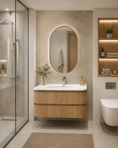 TULUM 35-inch floating bathroom vanity in natural oak with fluted solid wood