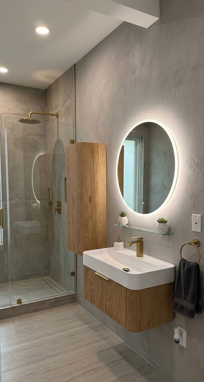 BALI 31-inch bathroom vanity in natural oak with wavy vertical pattern and matte white integrated sink