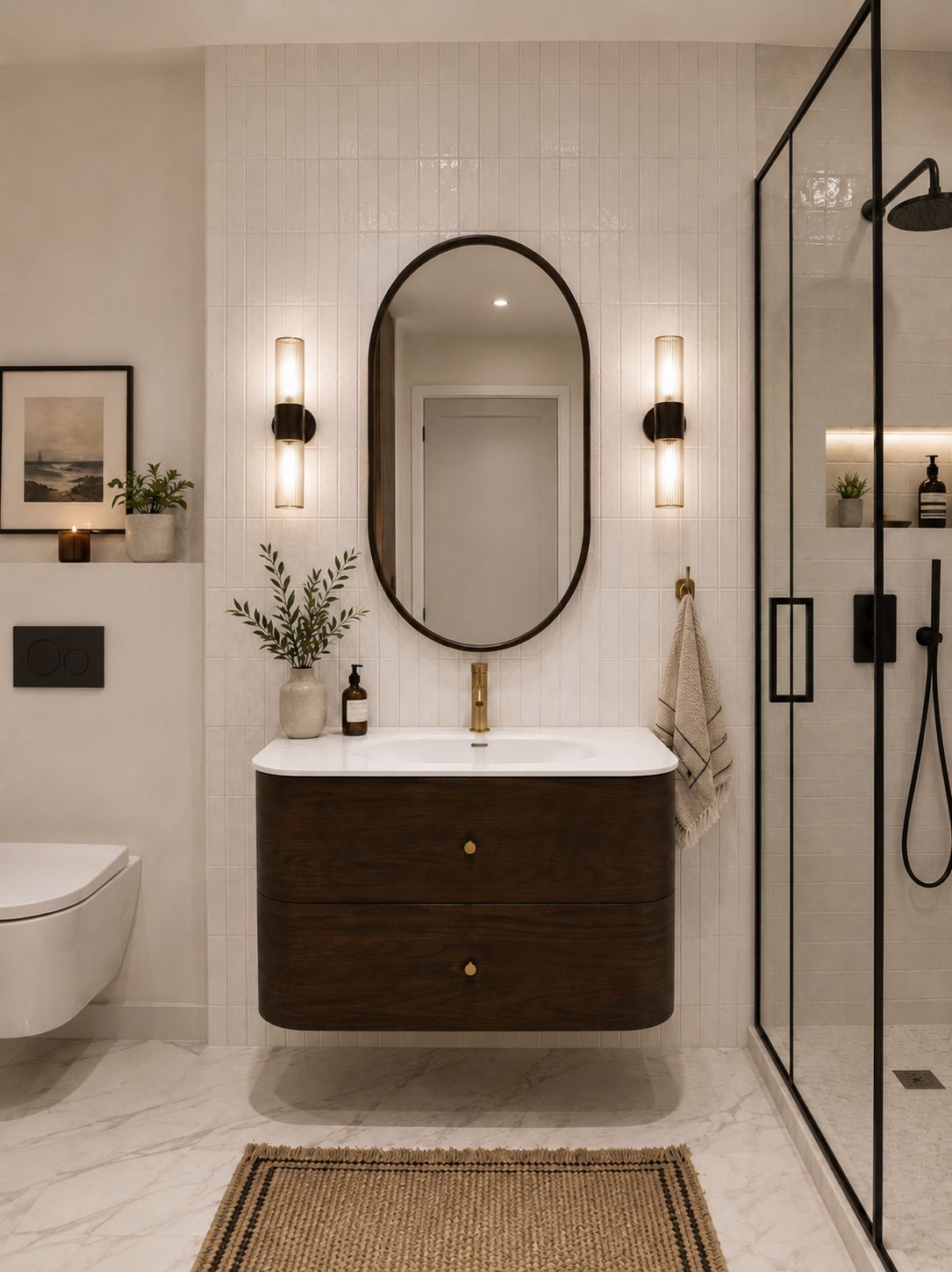ASPEN 30-inch curved bathroom vanity in dark walnut veneer with copper handles