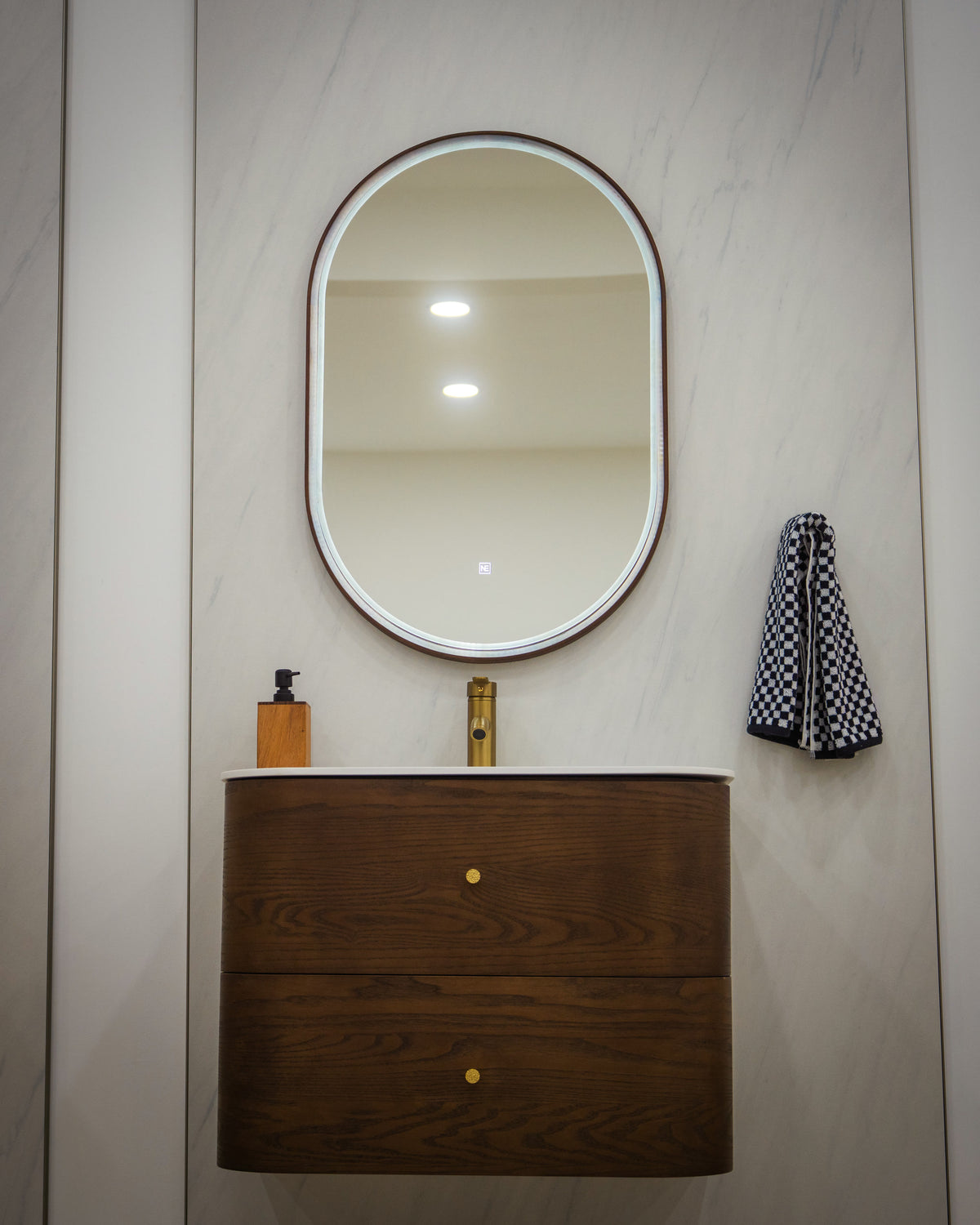 ASPEN 30-inch dark walnut floating vanity with matte white sink and Titan LED mirror