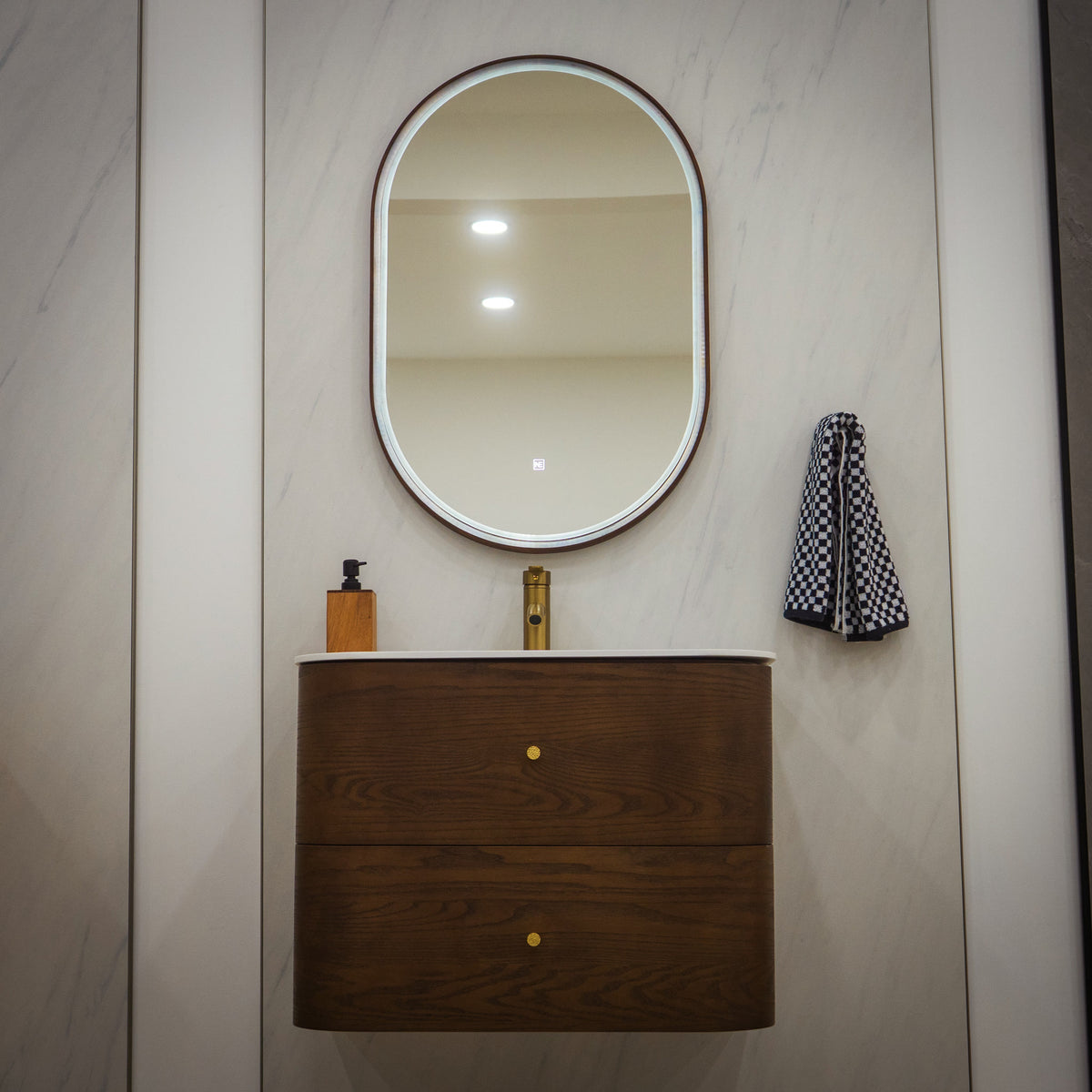 ASPEN curved dark walnut vanity with wood-framed Titan LED mirror