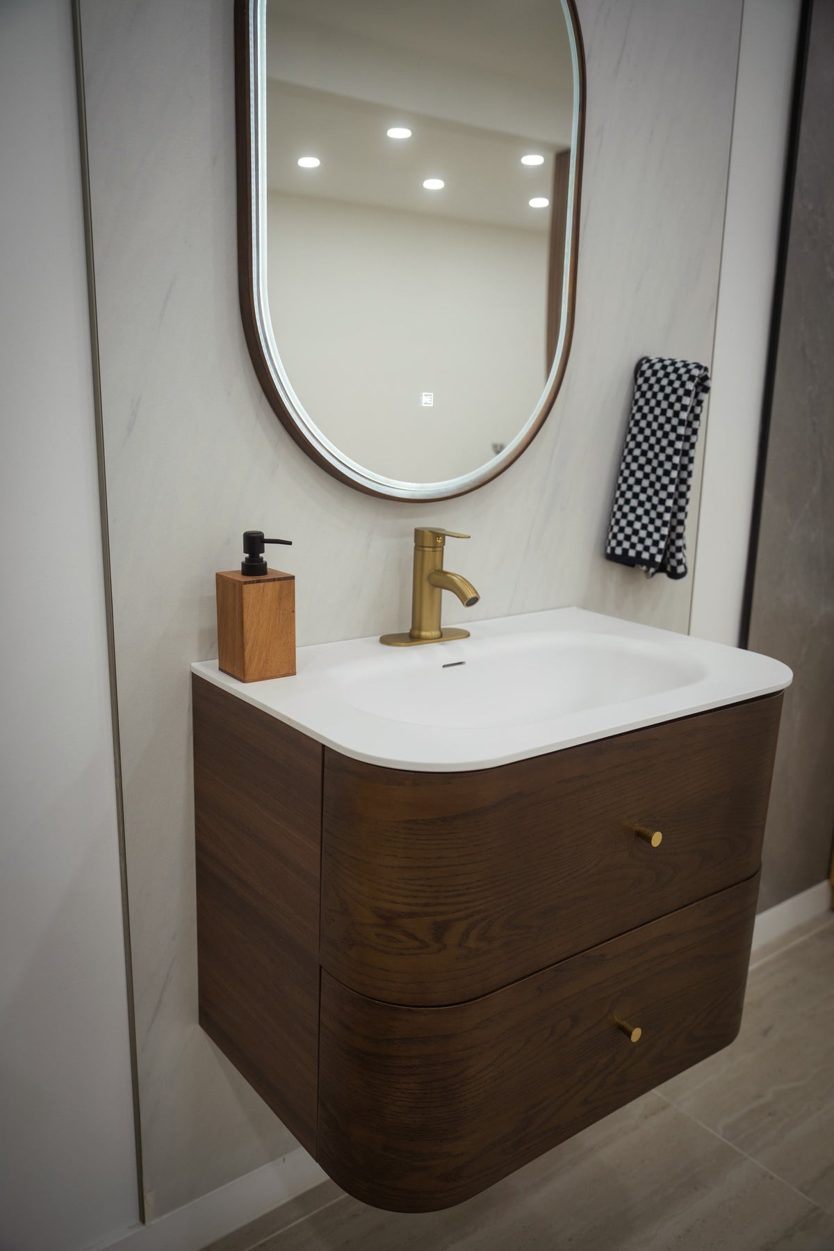 ASPEN dark walnut veneer vanity with double drawers and copper handles
