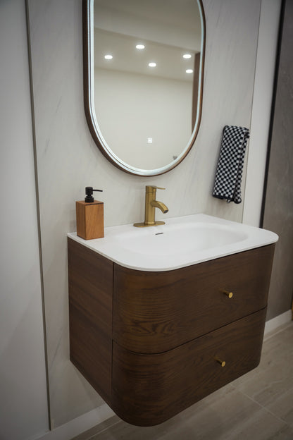 ASPEN dark walnut veneer vanity with double drawers and copper handles