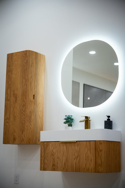 BALI 31-inch natural oak floating vanity with Nebula LED backlit mirror and matching side cabinet