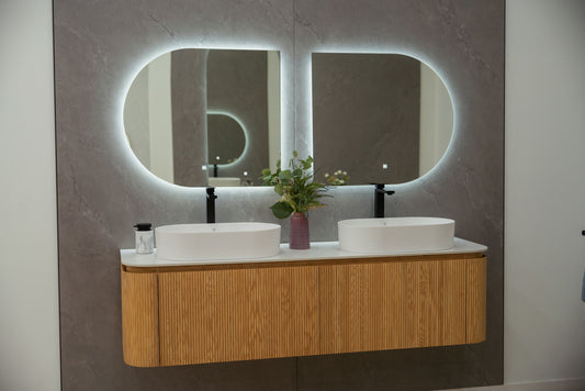 CAPRI 71-inch natural oak floating double vanity with porcelain countertop and Gemini LED mirror