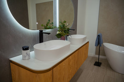 CAPRI curved oak double vanity with open cabinet storage