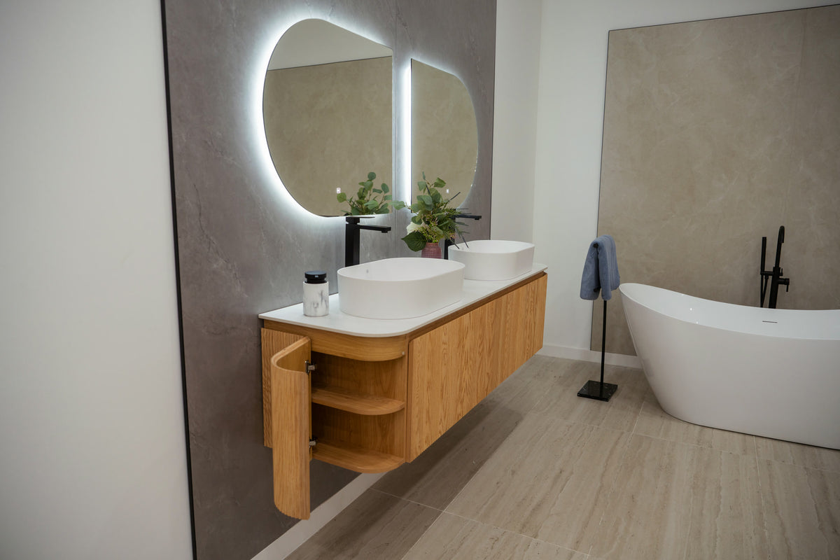 CAPRI natural oak curved wavy pattern and porcelain countertop detail