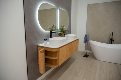 CAPRI natural oak curved wavy pattern and porcelain countertop detail