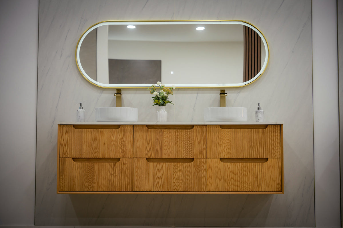 MALDIVES 71-inch double vanity with Orbit LED mirror in a modern bathroom