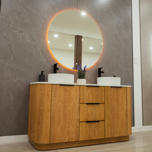 MALIBU 59-inch natural oak double bathroom vanity with quartz countertop and Luna LED mirror