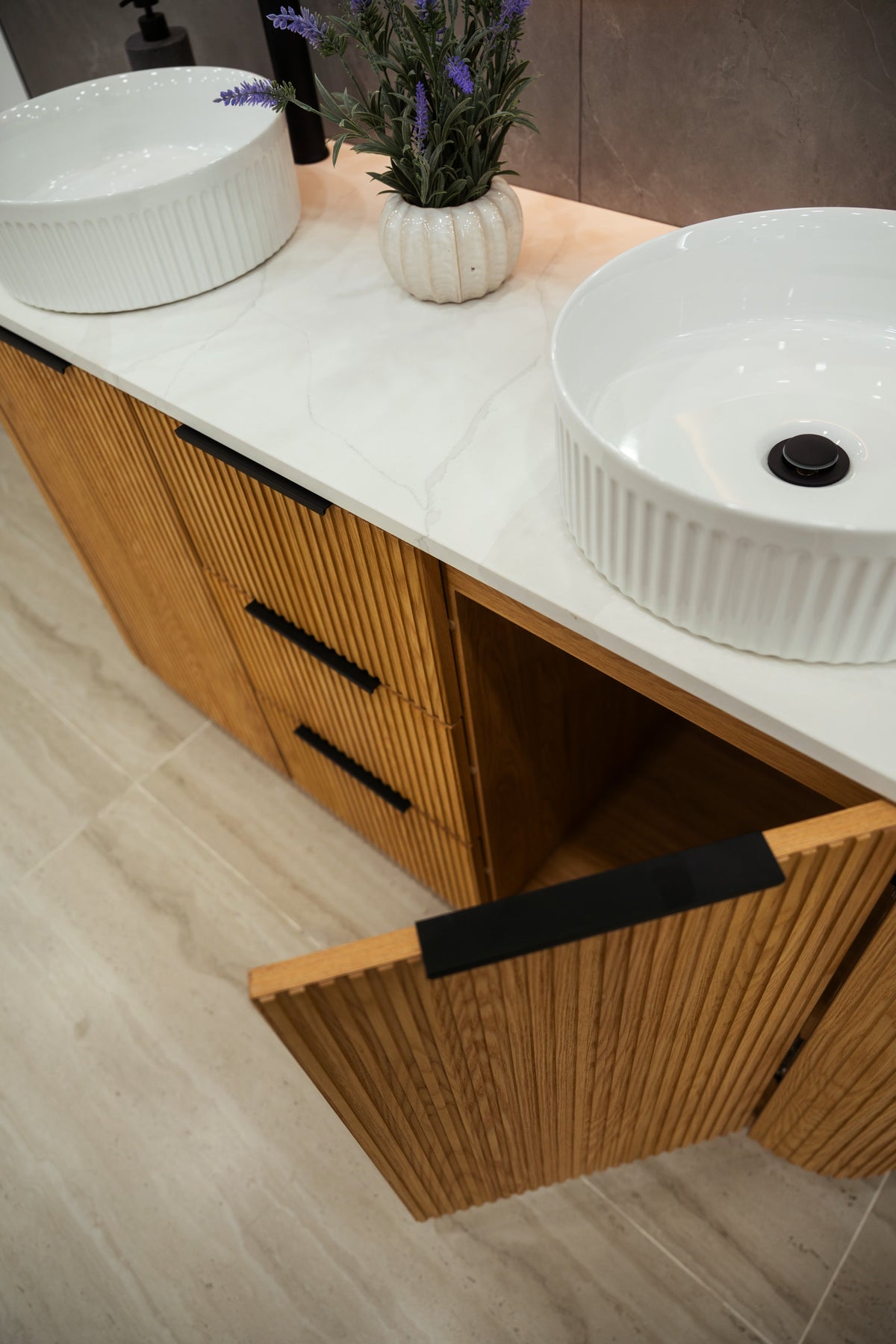 MALIBU double vanity quartz countertop with twin fluted ceramic basins and open drawer