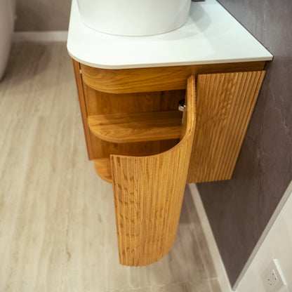 SANTORINI curved oak floating vanity with open door storage
