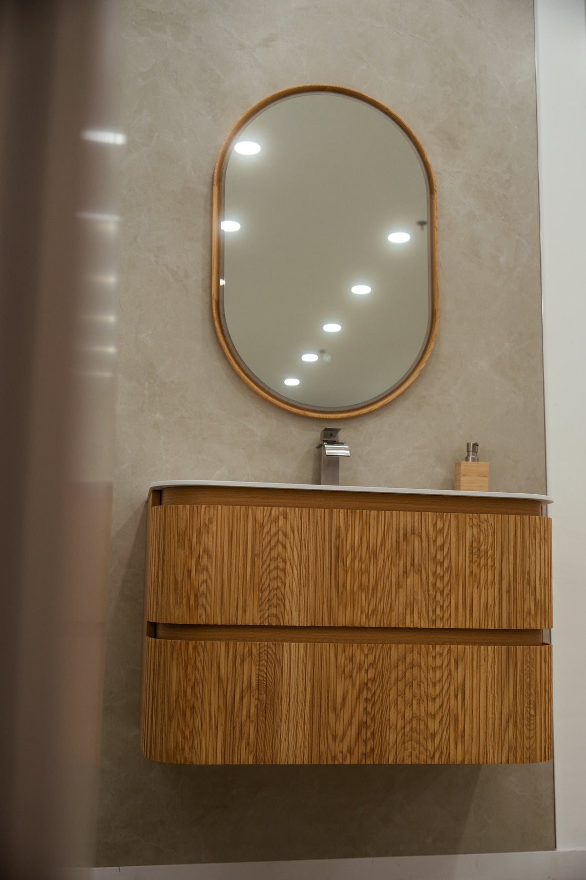 TULUM fluted solid oak floating vanity with two soft-close drawers