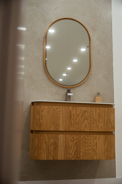 TULUM fluted solid oak floating vanity with two soft-close drawers
