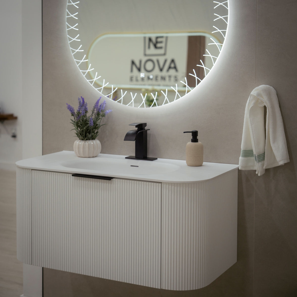 VEGAS 39-inch white floating bathroom vanity with seamless integrated sink and Vega LED backlit mirror