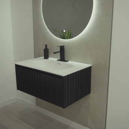 MONACO 31-inch matte black floating bathroom vanity with matte white sink, full-extension DTC drawer and Sirius LED mirror