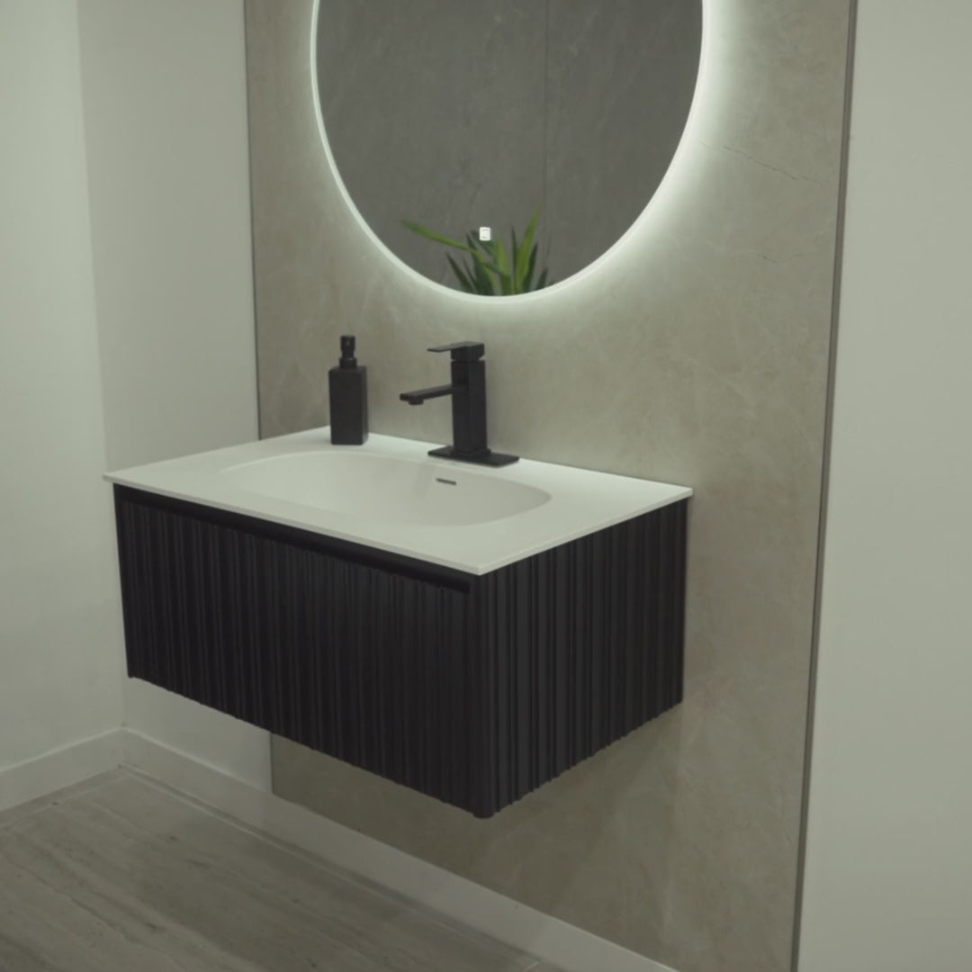 MONACO 31-inch matte black floating bathroom vanity with matte white sink, full-extension DTC drawer and Sirius LED mirror