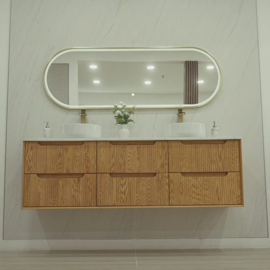 MALDIVES 71-inch floating double bathroom vanity with quartz countertop, six soft-close drawers, two glossy ceramic basins and Orbit LED mirror