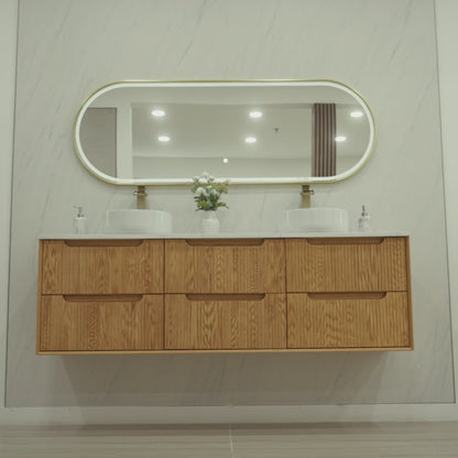 MALDIVES 71-inch floating double bathroom vanity with quartz countertop, six soft-close drawers, two glossy ceramic basins and Orbit LED mirror