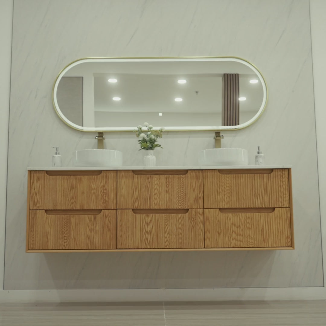 MALDIVES 71-inch floating double bathroom vanity with quartz countertop, six soft-close drawers, two glossy ceramic basins and Orbit LED mirror