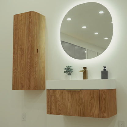 BALI 31-inch natural oak floating bathroom vanity with wavy vertical pattern, matte white integrated sink, Nebula LED backlit mirror and matching side cabinet