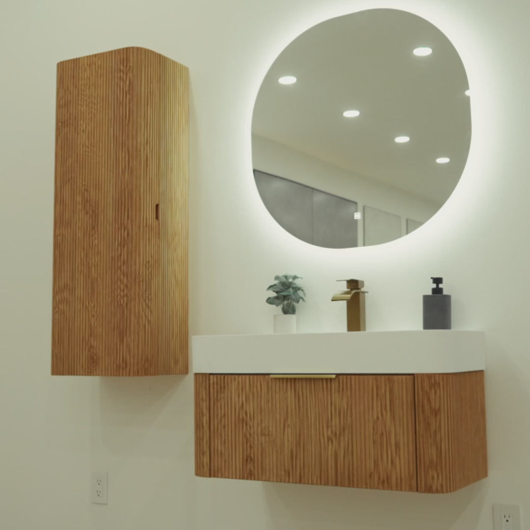 BALI 31-inch natural oak floating bathroom vanity with wavy vertical pattern, matte white integrated sink, Nebula LED backlit mirror and matching side cabinet