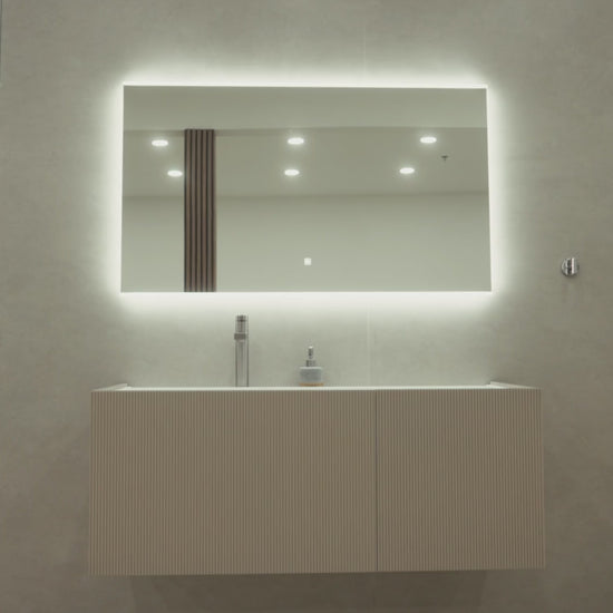 HAVANA 48-inch beige-gray floating bathroom vanity with wavy textured front, seamless Corian integrated basin and Equinox LED mirror
