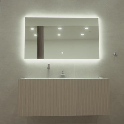HAVANA 48-inch beige-gray floating bathroom vanity with wavy textured front, seamless Corian integrated basin and Equinox LED mirror