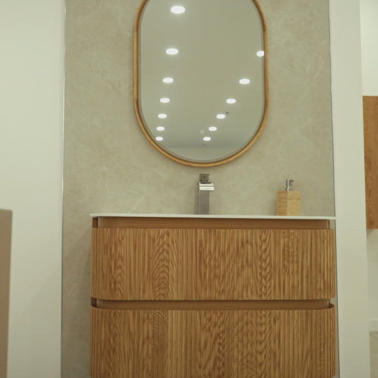 TULUM 35-inch natural oak floating bathroom vanity with fluted solid wood, two soft-close drawers, matte white sink and Eclipse LED mirror