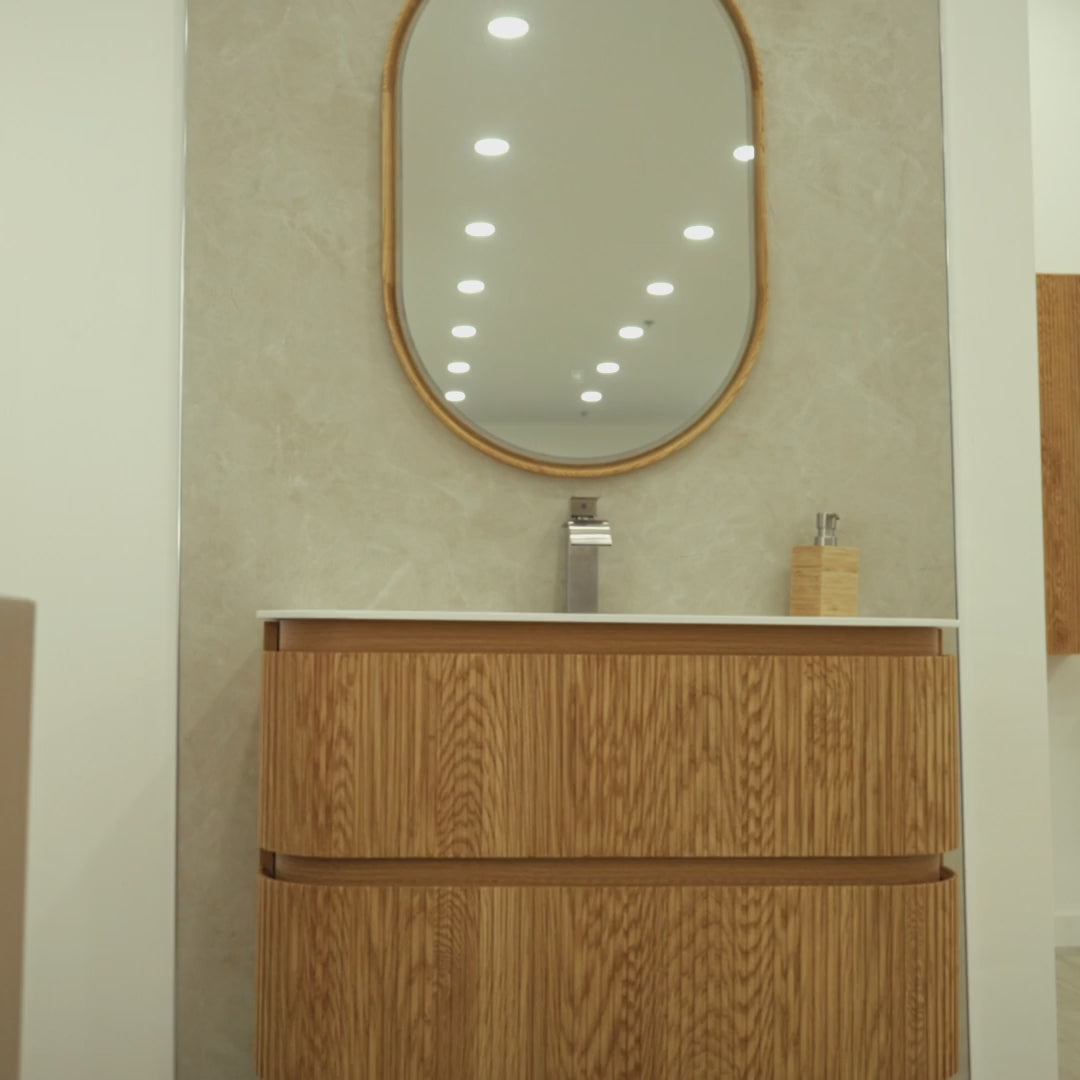 TULUM 35-inch natural oak floating bathroom vanity with fluted solid wood, two soft-close drawers, matte white sink and Eclipse LED mirror